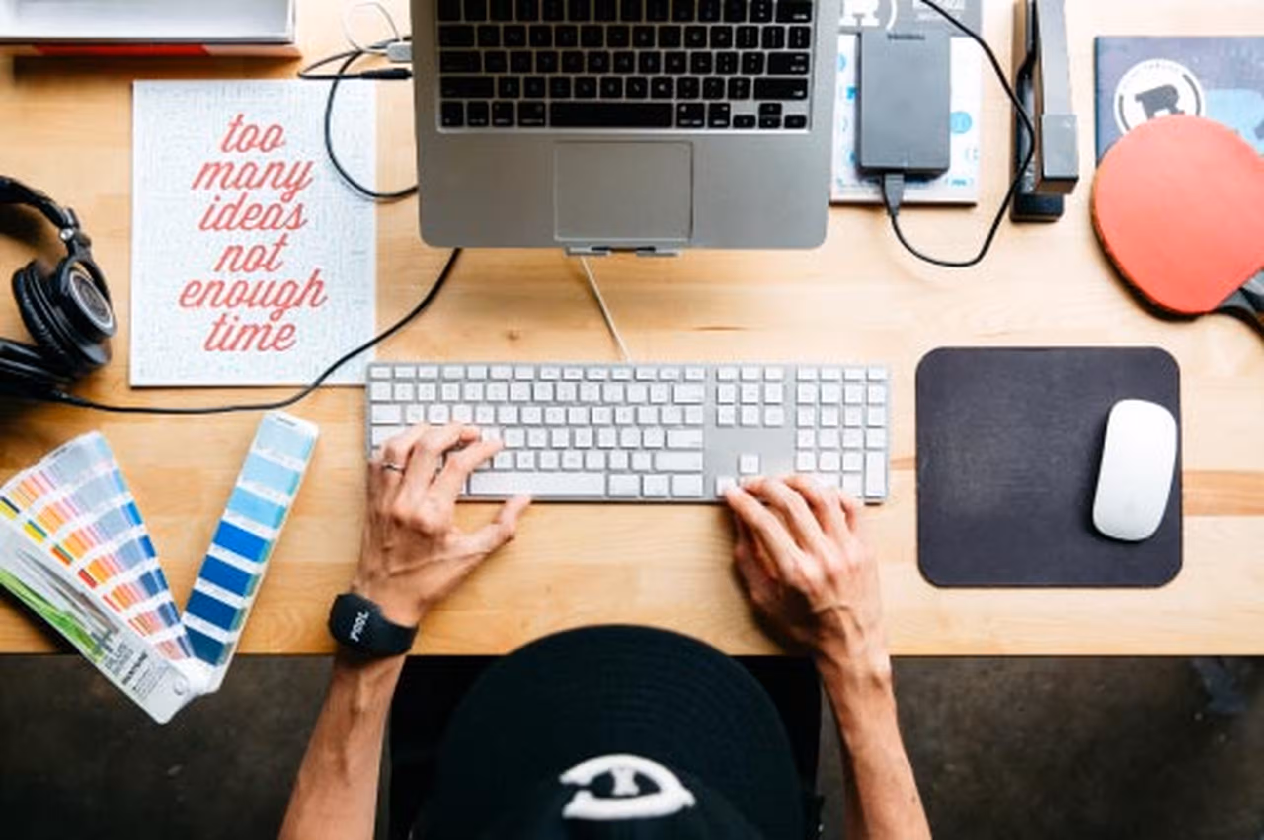 birds-eye video of someone working at a desk