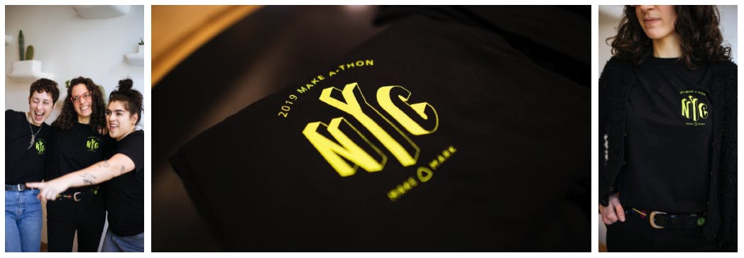 three images side-by-side of the 2019 make a thon NYC t-shirts three images side-by-side of the 2019 make a thon NYC t-shirts